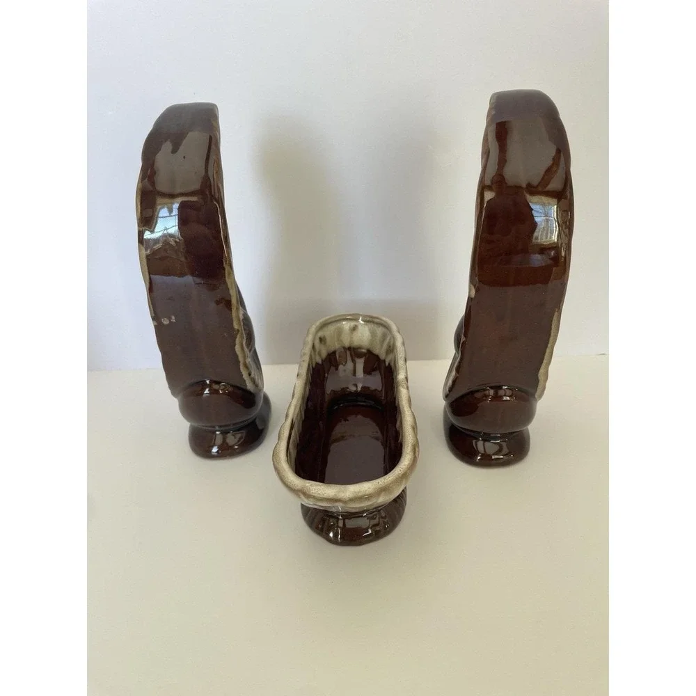 Vintage Swan Planter Set Rockingham Brown‎ Drip Glaze Console Mid Century W Box